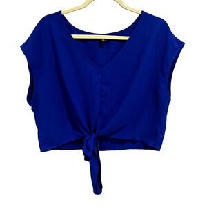 Women's Curvy Royal Blue V-Neck Tie Bottom Chiffon Blouse 0XL